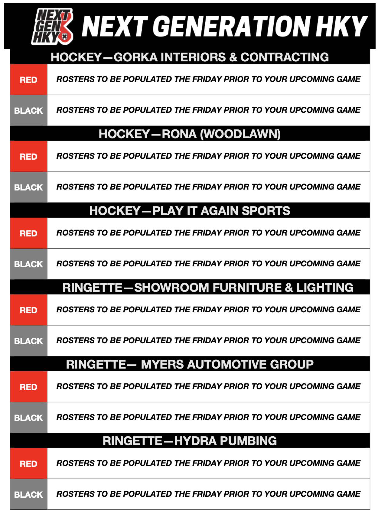 SPRING 2025- Weekly Rosters